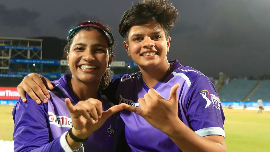 <div class="paragraphs"><p>Women's T20 Challenge: Velocity player Sneh Rana and Shafali Verma after winning their match against Supernovas on Tuesday.</p></div>