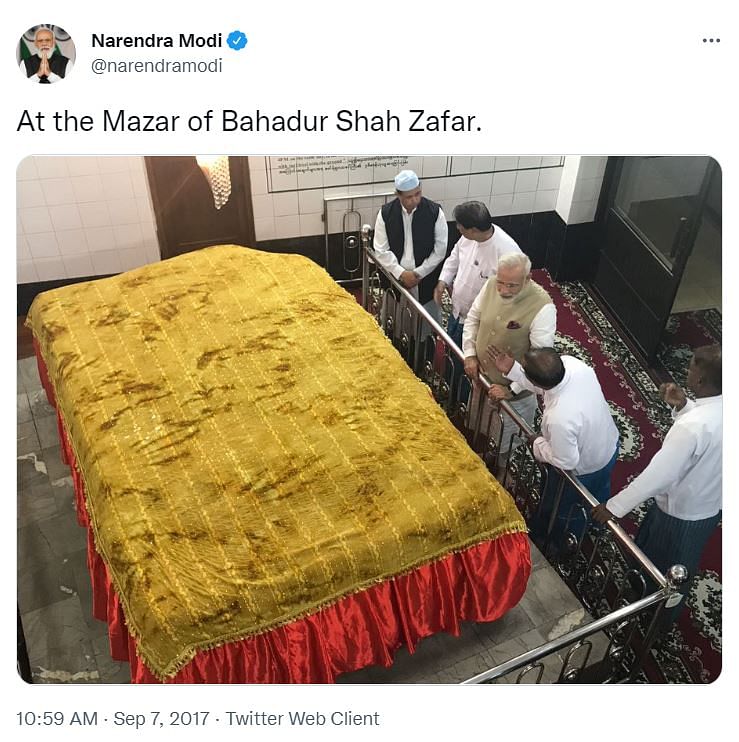 Narendra Modi is seen paying tribute to Bahadur Shah Zafar's tomb in Myanmar and not to Aurangzeb or his son's tomb.