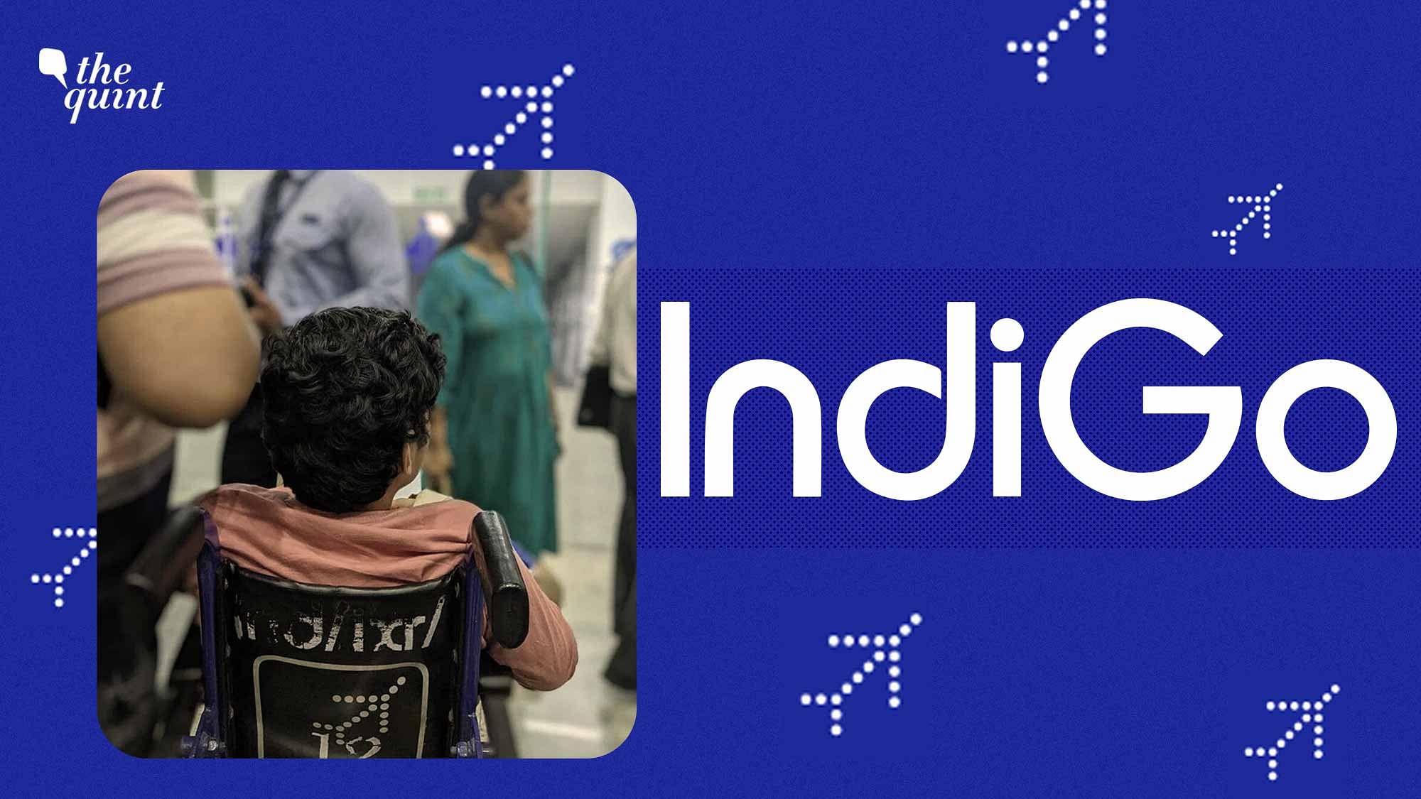 Screenshot of backview of child sitting on Indigo6E wheelchair. Ranchi Airport Indigo staff can be seen on the background surrounded by copassengers trying to reason with him. Image is against an Indigo blue background studded with the airline's logos.