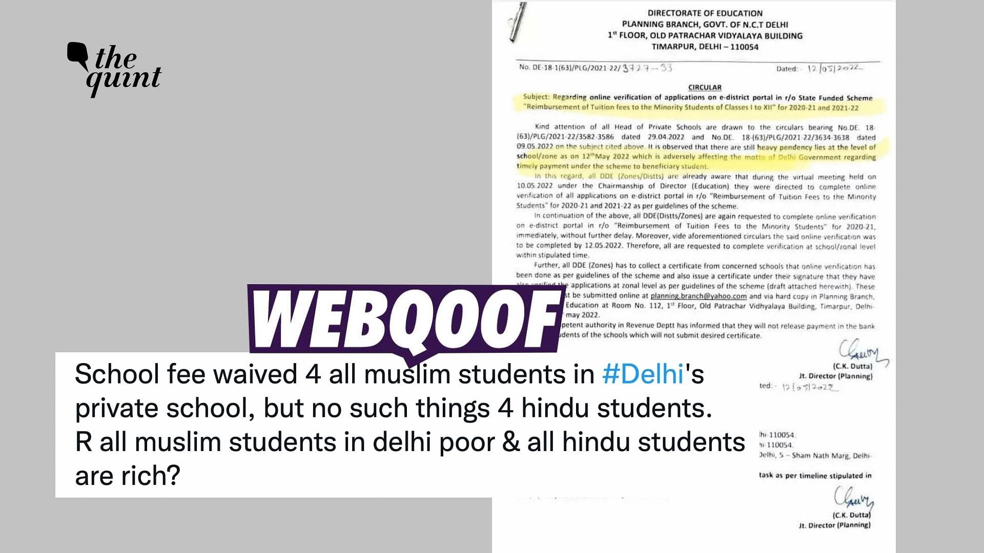 <div class="paragraphs"><p>The circular is being shared to claim that the Delhi government has directed private schools to reimburse tuition fees to only Muslim students.</p></div>