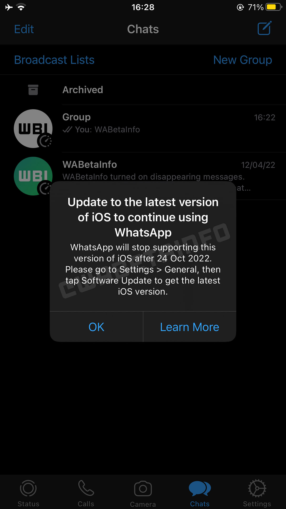 WhatsApp will drop support for iOS 10 and iOS 11 after 24 October 2022.