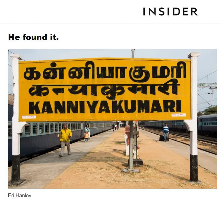 The viral photo is doctored. The original photo shows 'Kanniyakumari' written on the railway station board.