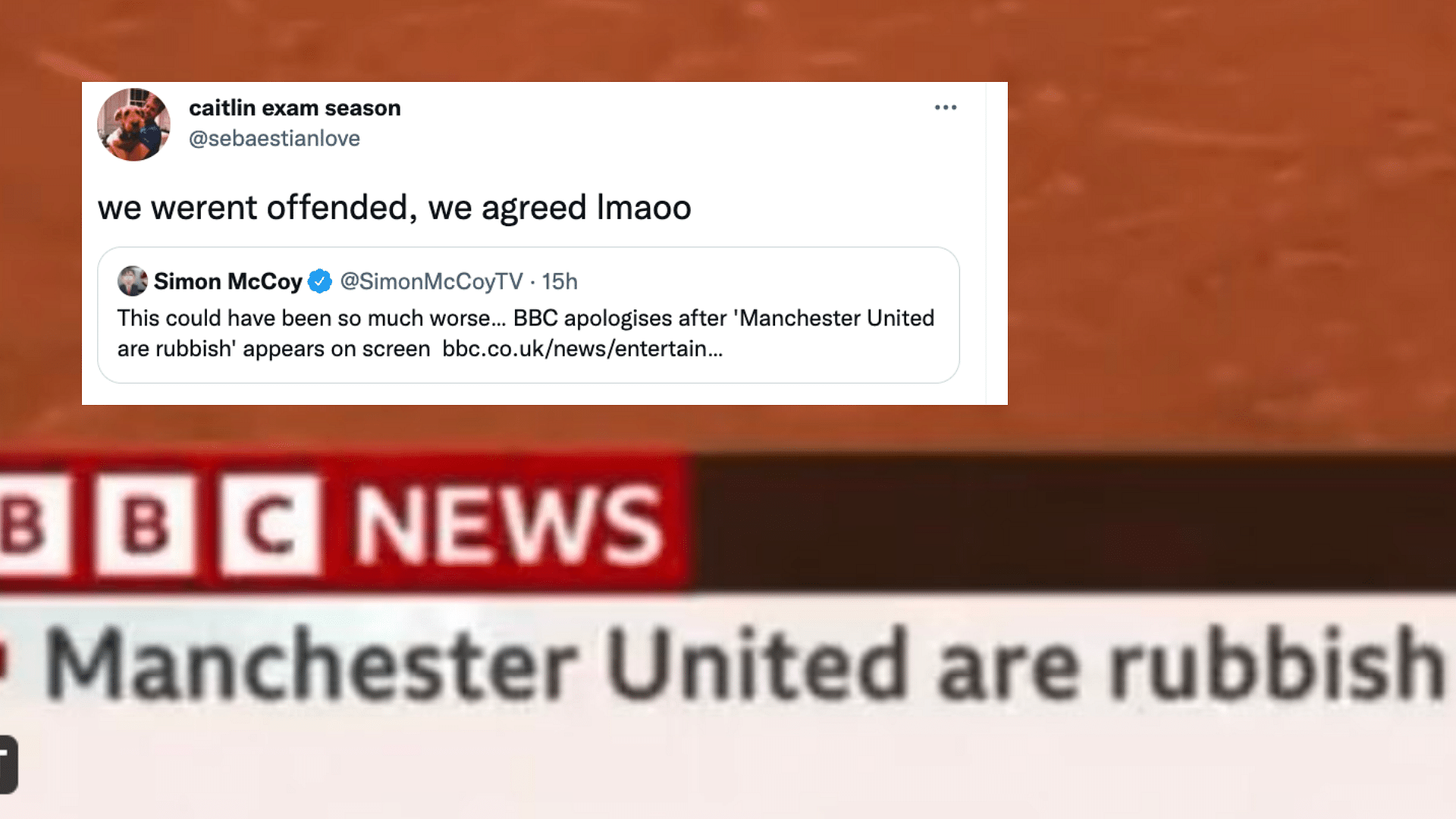 <div class="paragraphs"><p>BBC apologizes for ticker that reads "Manchester United are rubbish".</p></div>