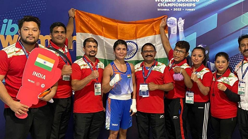 <div class="paragraphs"><p>Nikhat Zareen stands for a photo after winning a gold medal at the 2022 World Boxing Championships.</p></div>
