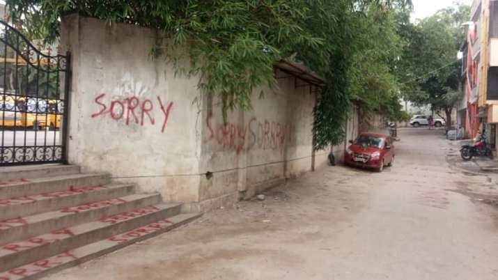 <div class="paragraphs"><p>The outer wall and steps leading to the entrance of the school was bearing the message "Sorry", spray-painted in red colour.</p></div>
