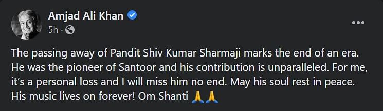 Shreya Ghosal, Kajol, Amjad Ali Khan and others express their grief at Shivkumar Sharma's passing.