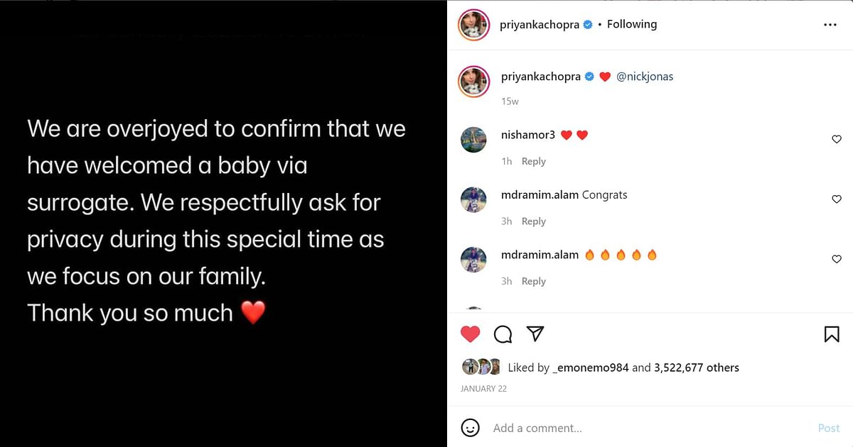 Priyanka Chopra shared a photo with Nick Jonas and their newborn baby on Instagram.