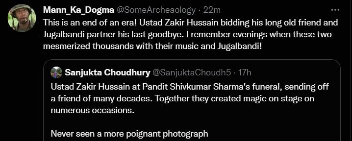 Several netizens tweeted that they will miss Ustad Zakir Husaain and Pandit Shivkumar Sharma's 'jugalbandi'