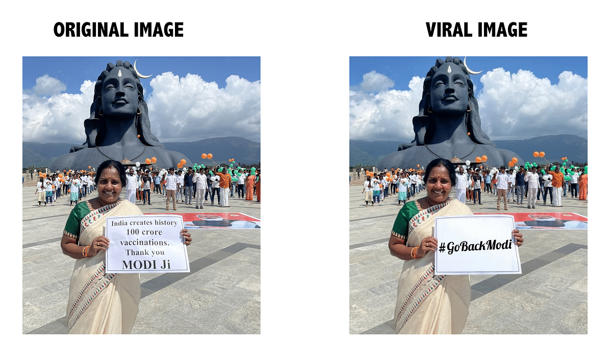 The original text on the placard read 'India creates history 100 crore vaccination. Thank you Modi Ji.'