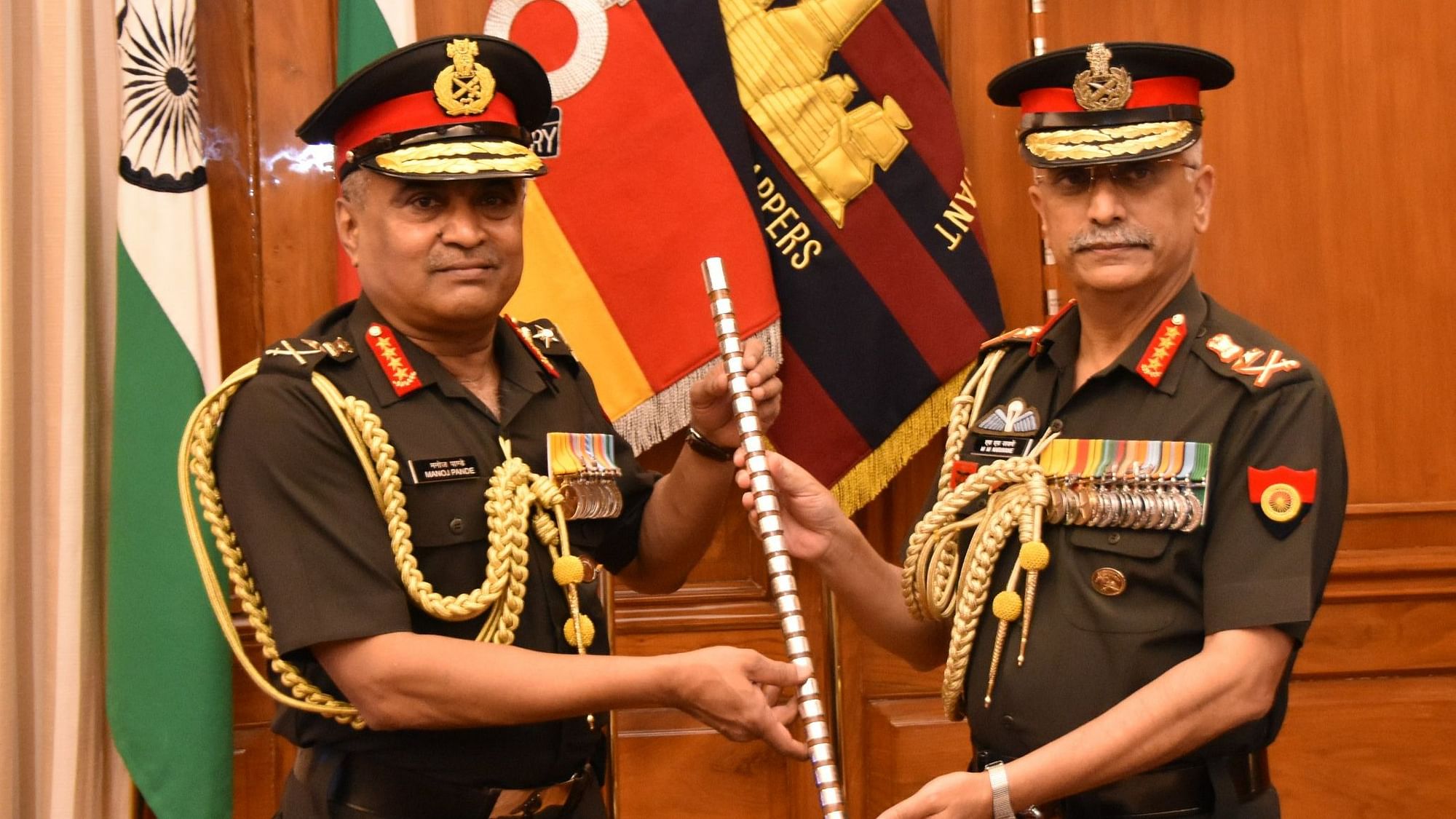 <div class="paragraphs"><p>General Manoj Pande (left) taking over as Chief of Army Staff from former Chief, General MM Naravane on Saturday, 30 April.&nbsp;&nbsp;</p></div>