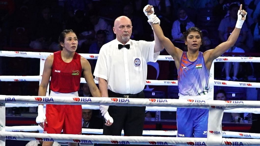 <div class="paragraphs"><p>Nikhat Zareen (in blue) after winning the semi-final match of World Boxing Championships.</p></div>
