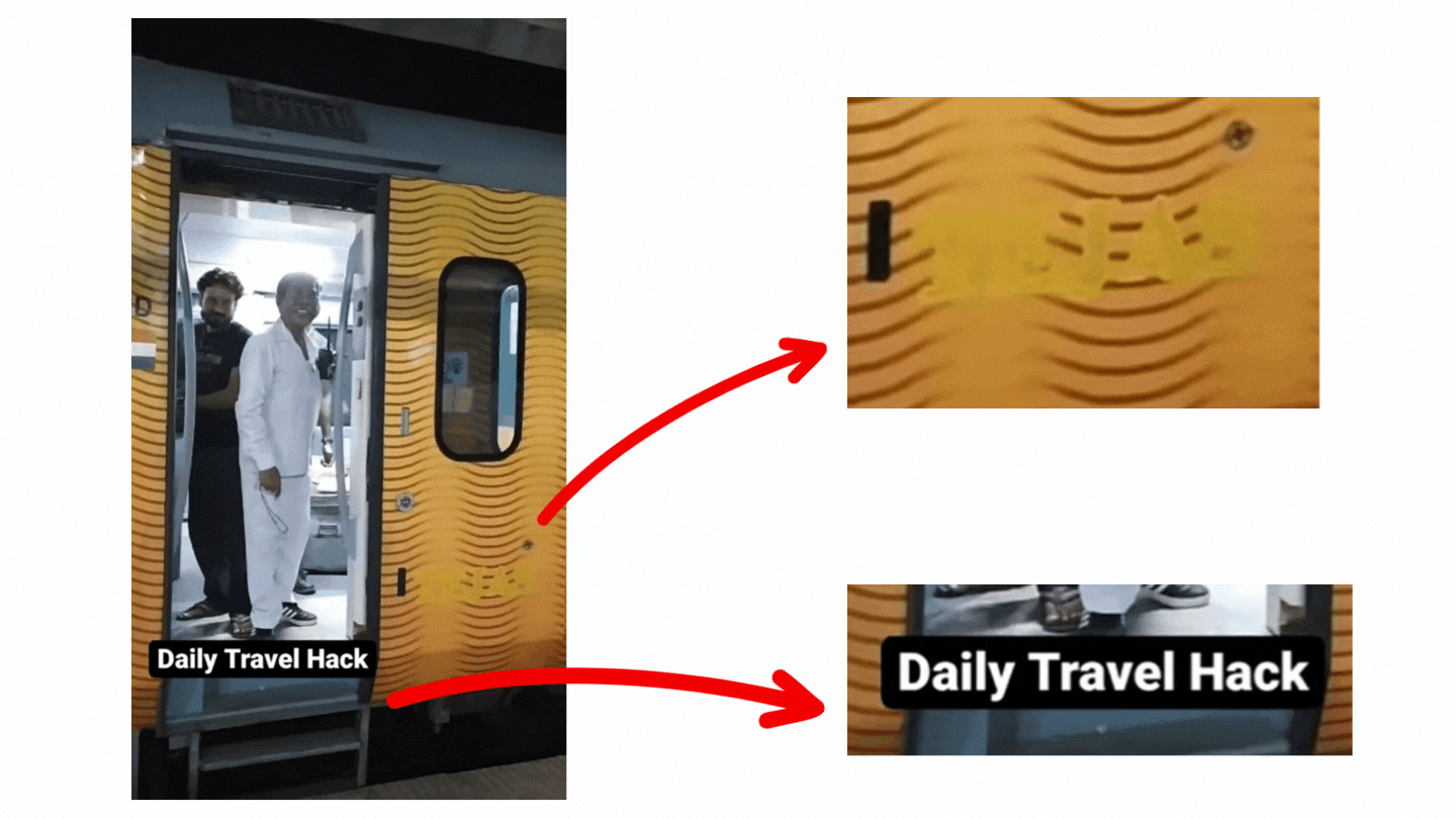 <div class="paragraphs"><p>The video shows the text 'Daily Travel Hack’ on the video and 'Tejas' written on the train.</p></div>