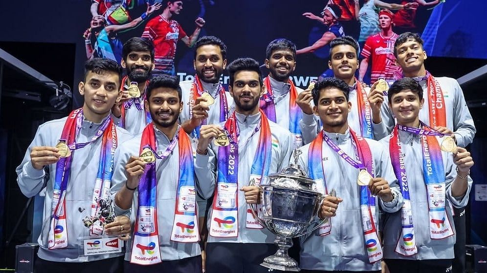 <div class="paragraphs"><p>Indian men's badminton team posing with the 2022 Thomas Cup trophy.</p></div>