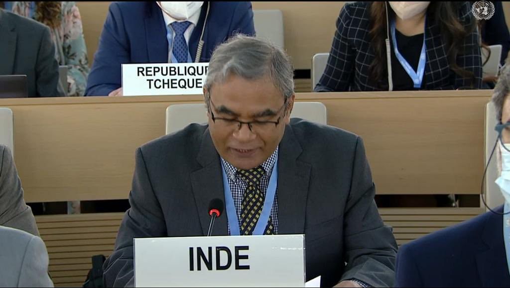 <div class="paragraphs"><p>India's Permanent Representative to the United Nations Indramani Pandey addressing the UNHRC on Thursday, 12 May.</p></div>