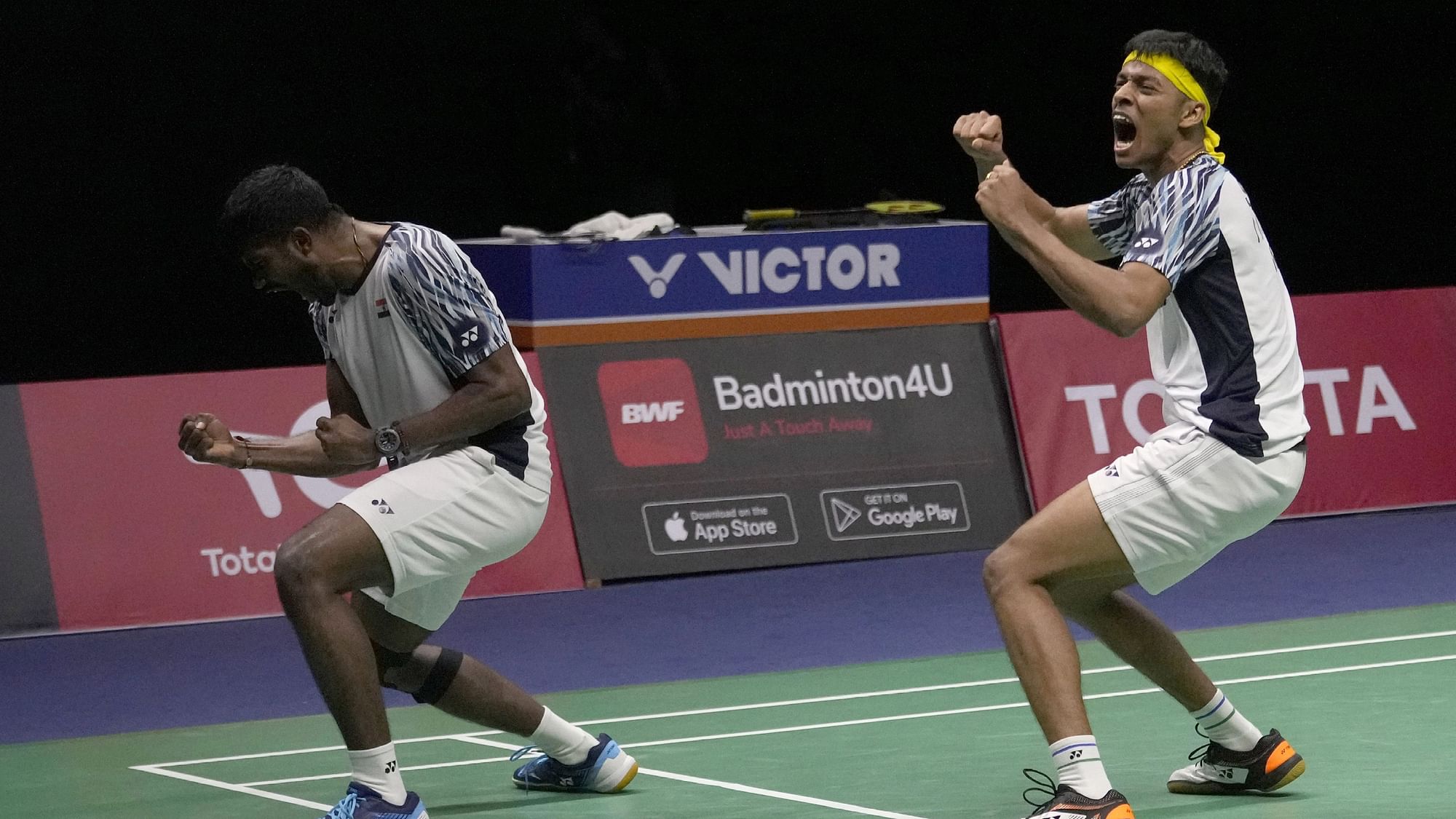 <div class="paragraphs"><p>Satwiksairaj Rankireddy and Chirag Shetty celebrate their doubles match victory in the Thomas Cup final vs Indonesia.</p></div>