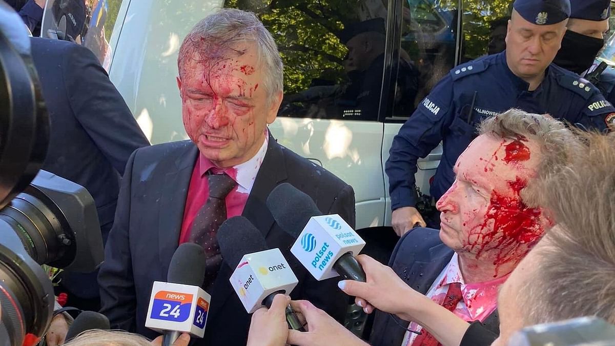 Russian Ambassador to Poland Attacked With Red Paint by Anti-War Protesters