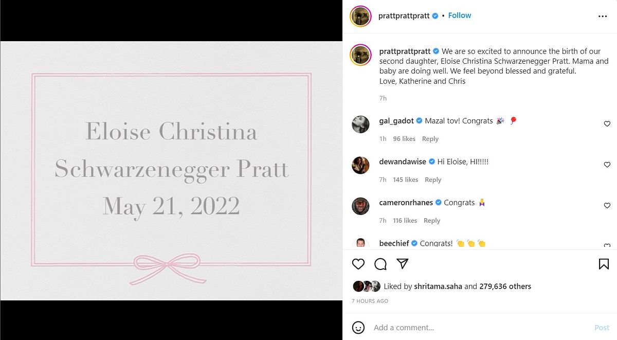 'Mama and baby are doing well,' Chris Pratt informed on social media.