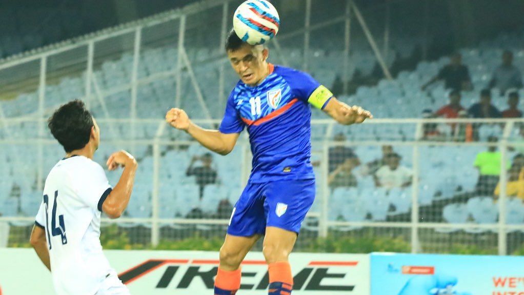 <div class="paragraphs"><p>Sunil Chhetri heads in the second goal of the game for India.&nbsp;</p></div>