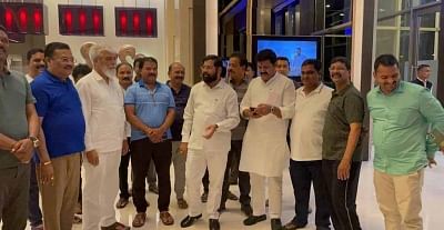 <div class="paragraphs"><p>Guwahati: Rebel Shiv Sena MLA Eknath Shinde with Minister of Agriculture of Maharashtra Dadaji Dagadu Bhuse and other rebel MLAs at a hotel in Guwahati, Thursday, June 23, 2022. </p></div>