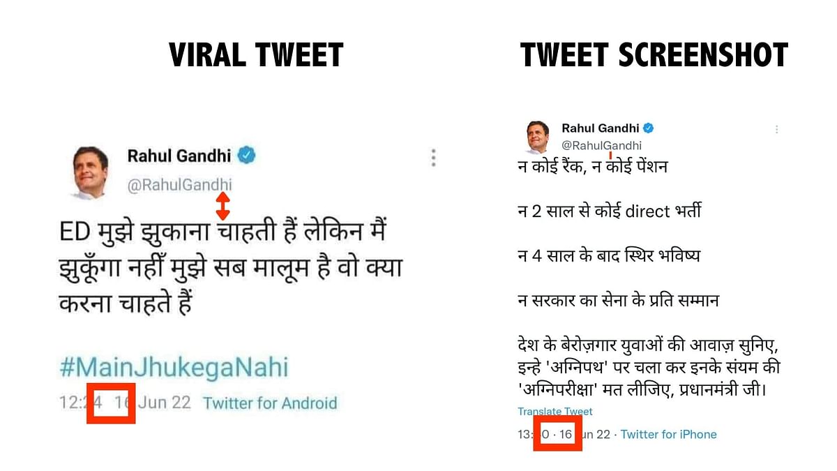 We found no trace of Rahul Gandhi sharing the tweet in the screenshot, which shows several inconsistencies.
