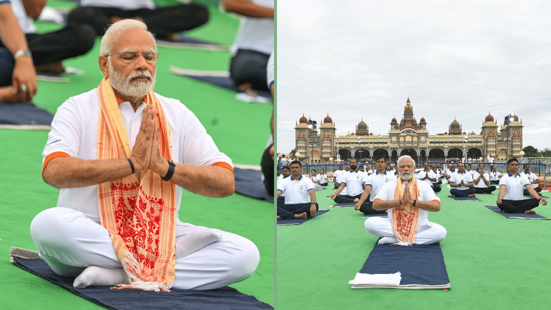 <div class="paragraphs"><p>Prime Minister <a href="https://www.thequint.com/topic/narendra-modi">Narendra Modi</a> arrived on Tuesday morning, 21 June, at Mysuru Palace Ground where he took part in a mass yoga demonstration on the eighth <a href="https://www.thequint.com/topic/international-yoga-day">International Yoga Day</a>.</p></div>