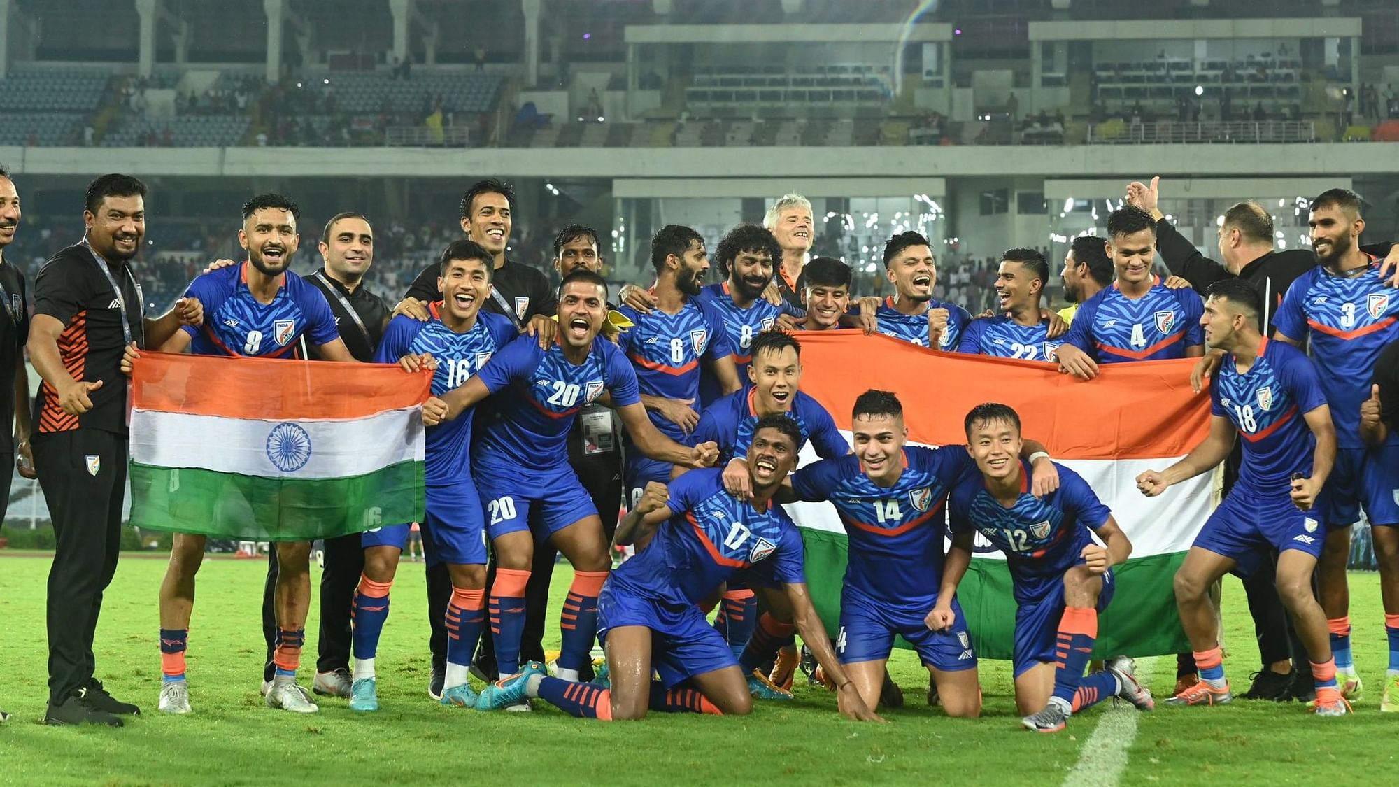 <div class="paragraphs"><p>India celebrate at the Salt Lake Stadium after securing AFC Asian Cup qualification.</p></div>