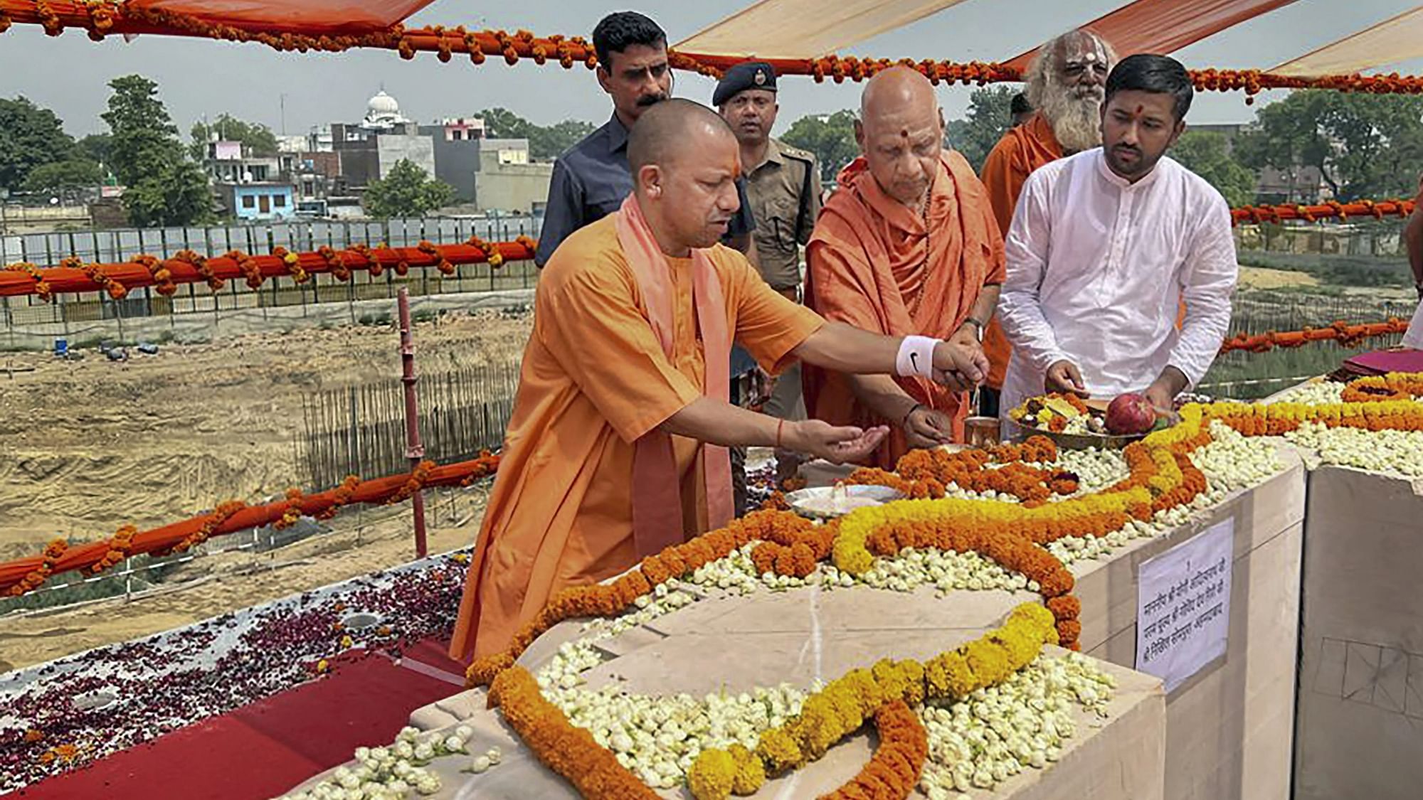 <div class="paragraphs"><p>Uttar Pradesh Chief Minister Yogi Adityanath&nbsp;laid the foundation stone for the sanctum sanctorum of the <a href="https://www.thequint.com/news/breaking-news/ayodhya-ram-temple-to-open-for-devotees-at-the-end-of-2023">Ram Mandir</a> in <a href="https://www.thequint.com/videos/news-videos/how-ayodhya-has-changed-in-two-years-since-supreme-court-verdict-on-ram-mandir">Ayodhya</a> on Wednesday, 1 June.</p></div>