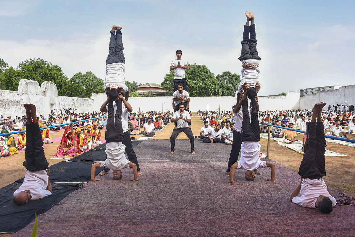 <div class="paragraphs"><p>Prisoners during a yoga session on the occasion of the 8th International Day of Yoga, at Netaji Subhash Chandra Bose Central Jail in Jabalpur.</p></div>