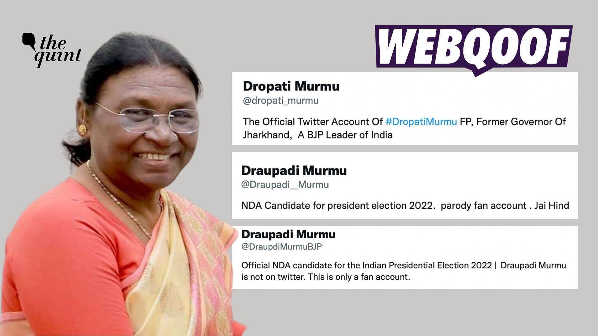 <div class="paragraphs"><p>Murmu does not have a verified Twitter account as of 23 June 2022.</p></div>