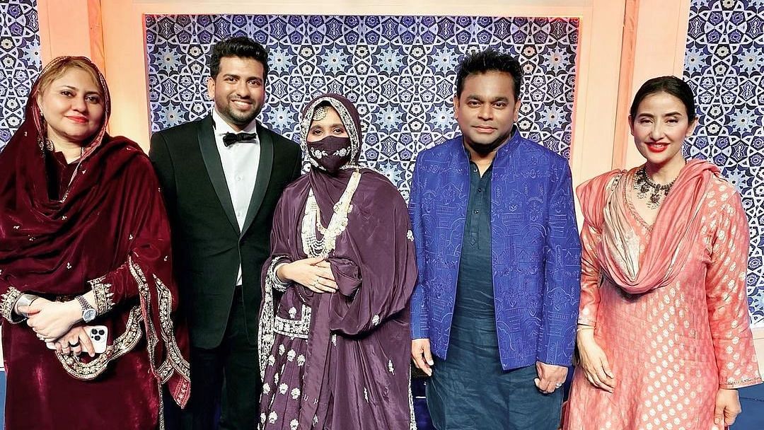 <div class="paragraphs"><p>Manisha Koirala with AR Rahman and family at Khatija's wedding reception.</p></div>