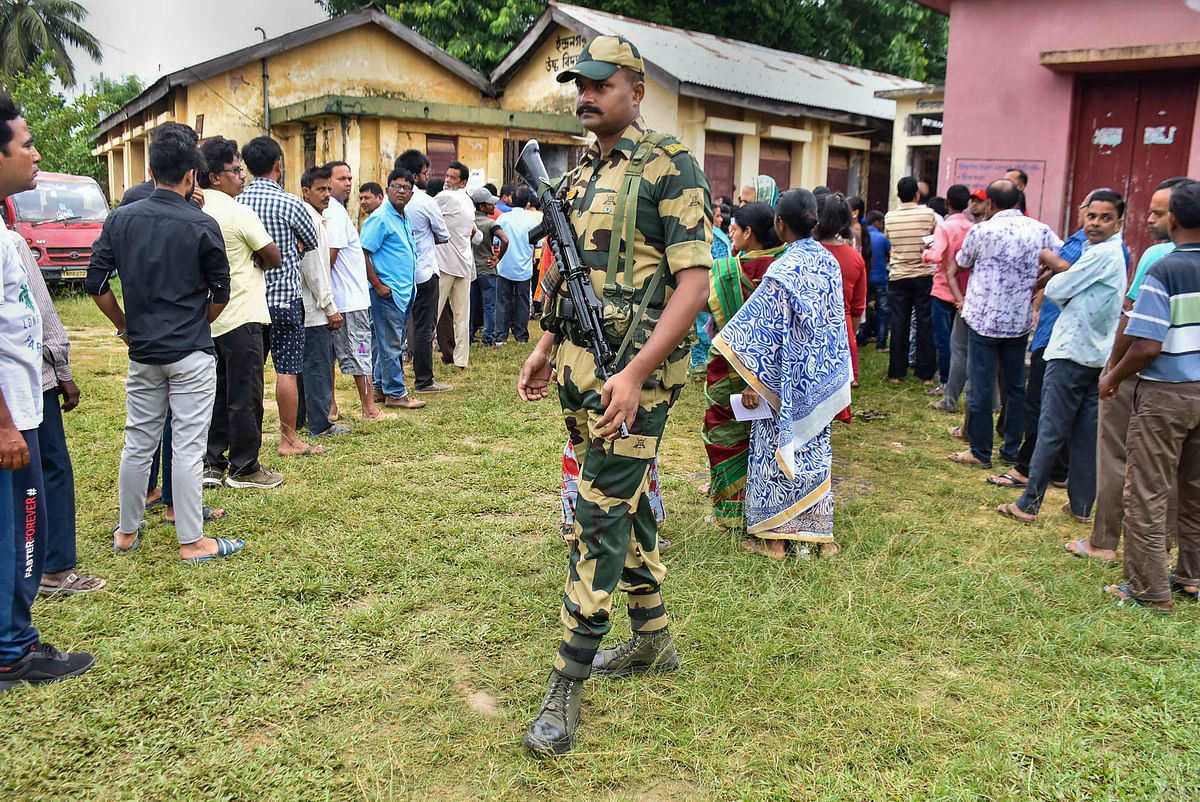 An off-duty police official was stabbed with a sharp object while he was visiting a polling booth in Agartala.