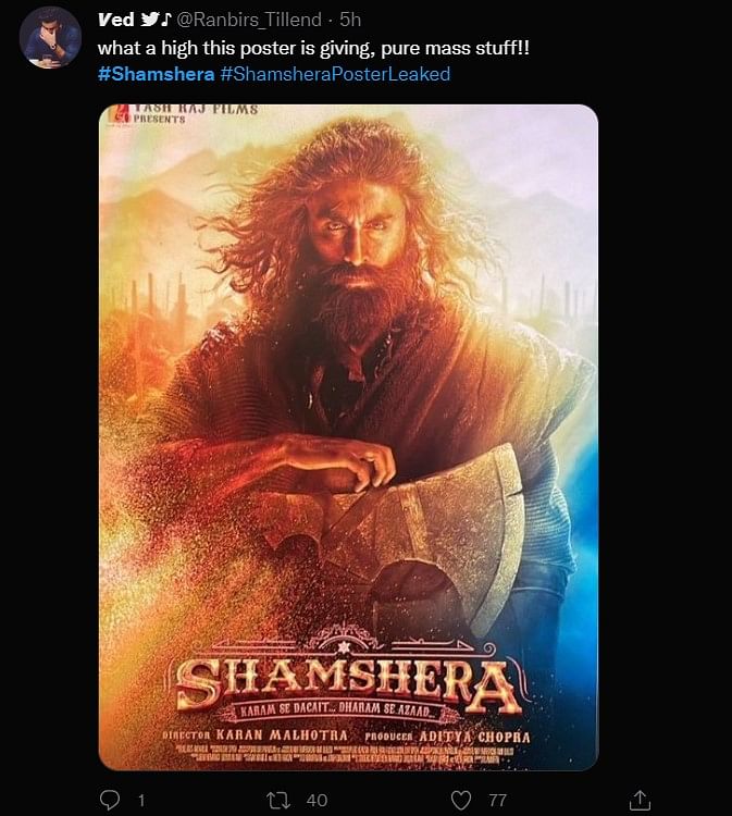 Ranbir Kapoor sports a rugged, bearded look in the poster for 'Shamshera'.