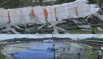 <div class="paragraphs"><p>The roof on a makeshift grandstand at Galle International Stadium has collapsed due to heavy rain, delaying the start of the second day's play between Sri Lanka and Australia.</p></div>