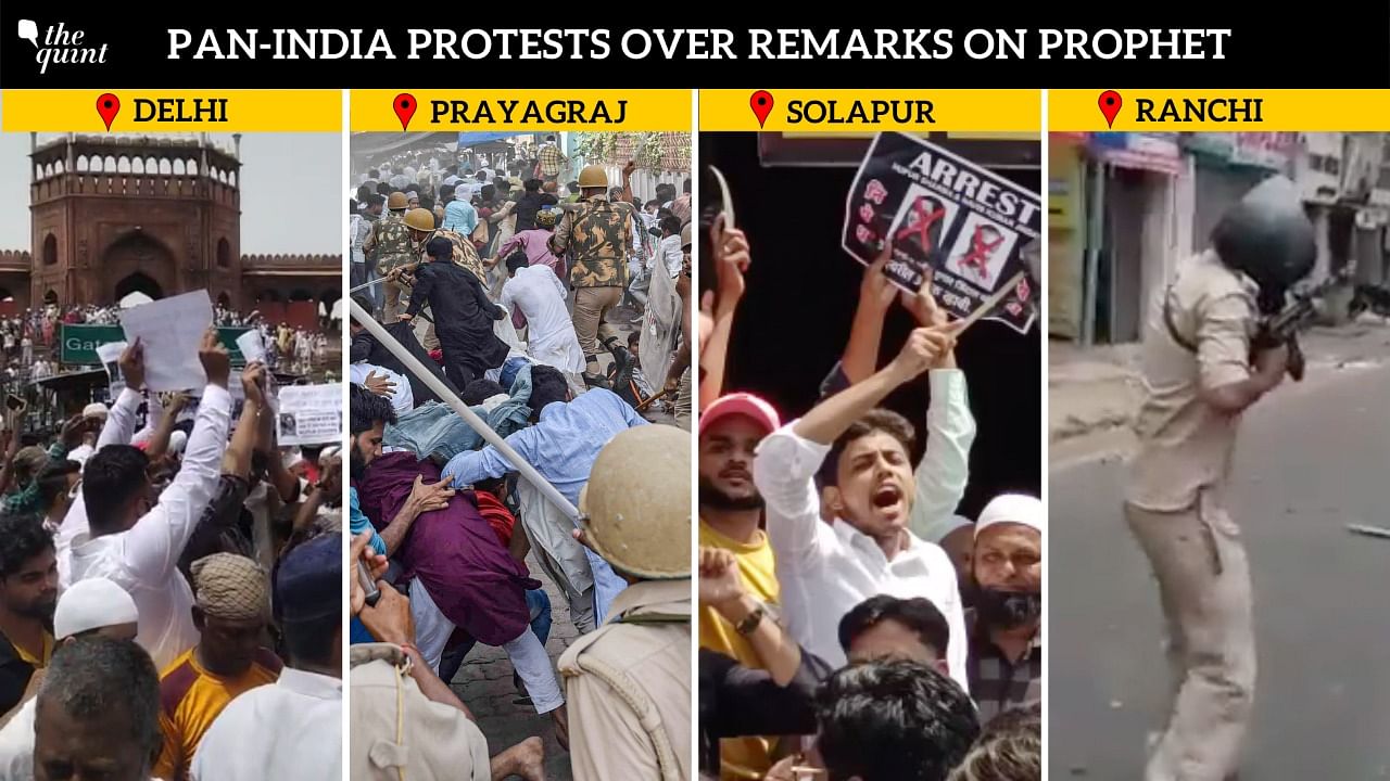 <div class="paragraphs"><p>Protests broke out in several states, including national capital Delhi, on Friday, 10 June, over the derogatory remarks made by two <a href="https://www.thequint.com/topic/bharatiya-janata-party">Bharatiya Janata Party</a> (BJP) leaders against <a href="https://www.thequint.com/news/india/nupur-sharma-remark-on-prophet-mohammed-bjp-says-respects-all-religions">Prophet Muhammad</a>.</p></div>