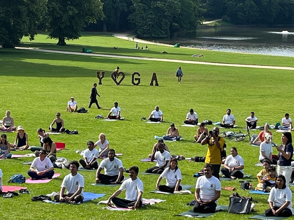 <div class="paragraphs"><p>Union Minister Piyush Goyal practicing Yoga with others in Brussels, Belgium.</p></div>