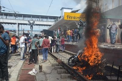 <div class="paragraphs"><p>Secunderabad: Protesters set ablaze a two-wheeler during a protest against Agnipath Recruitment Scheme, at Secunderabad railway station in Secunderabad on Friday, June 17, 2022. </p></div>
