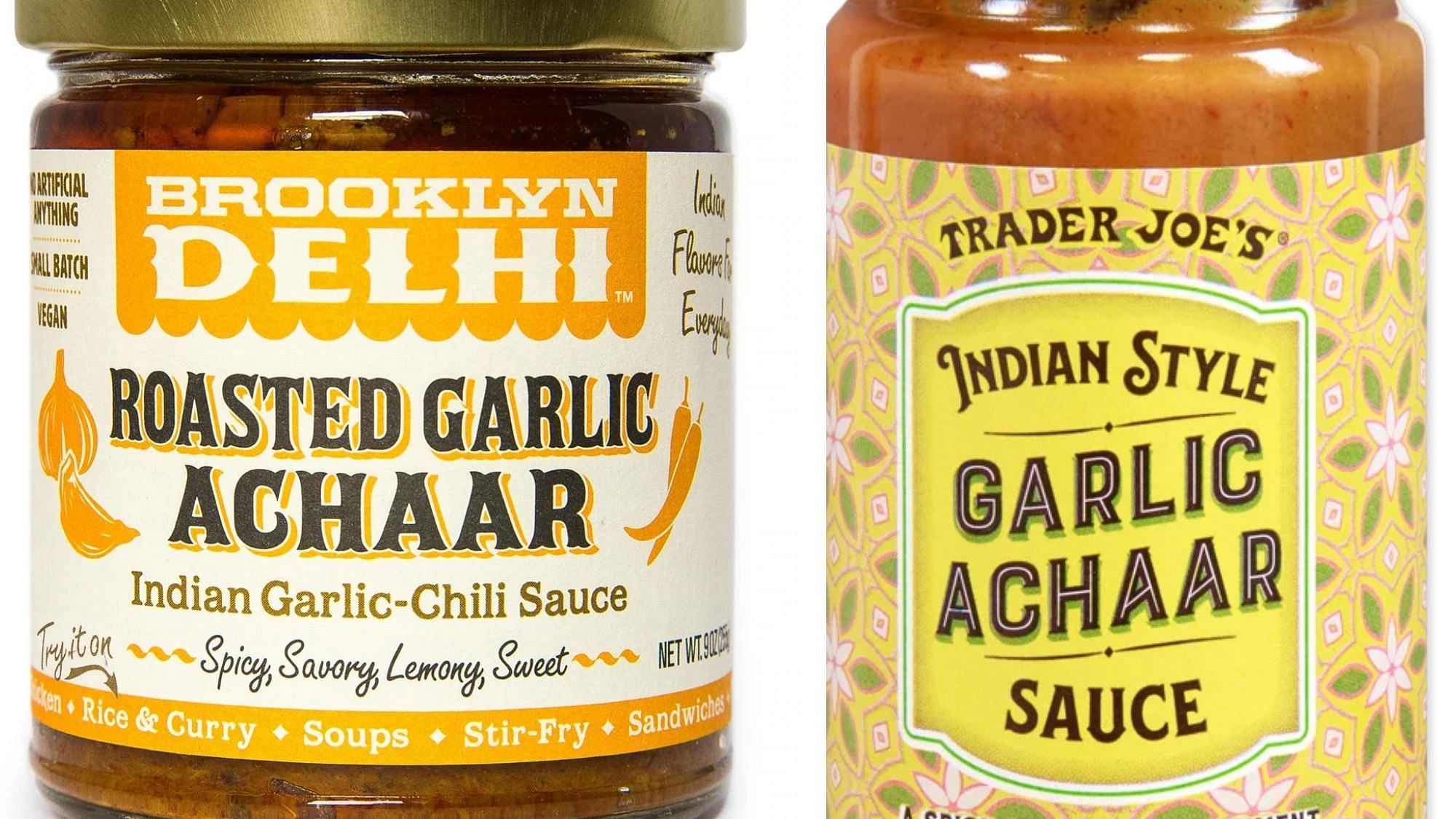 <div class="paragraphs"><p>Brooklyn Delhi's Roasted Garlic Achaar (left) and Trader Joe's Indian Style Garlic Achaar Sauce.</p></div>
