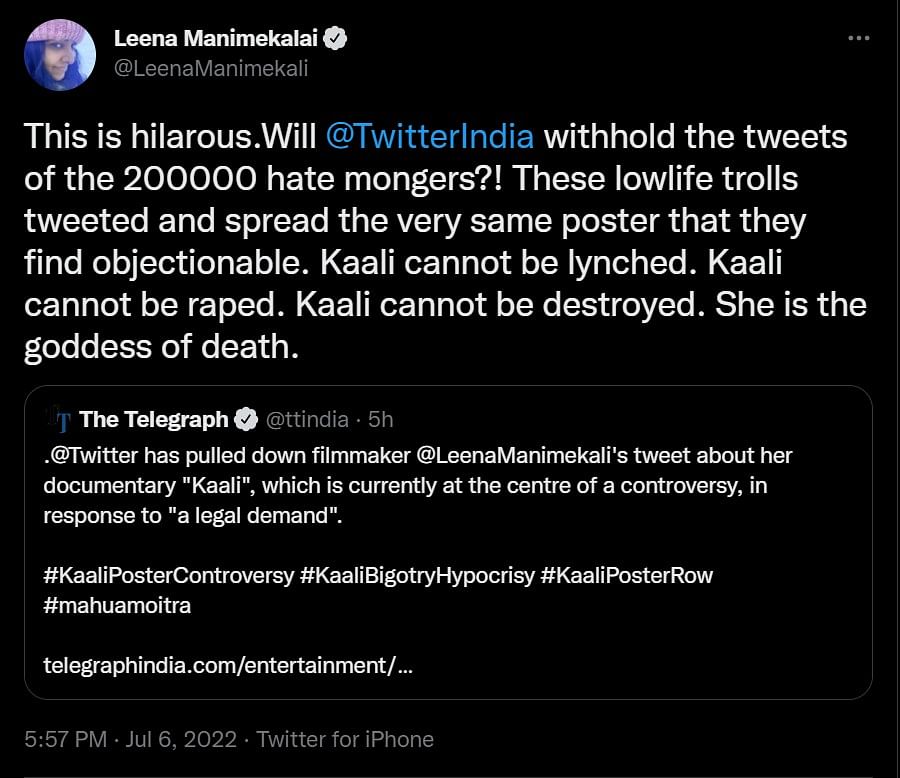 'Will Twitter India withhold the tweets of the 200000 hate mongers?" Leena Manimekalai tweeted in response.
