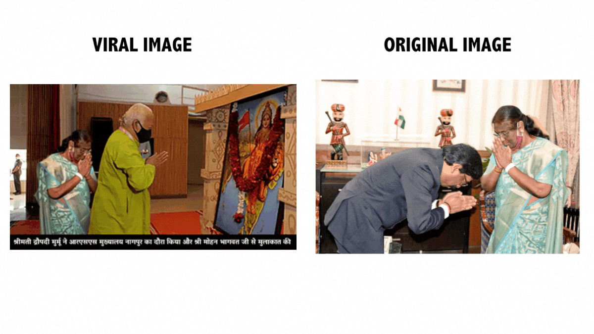 Two different photos are mixed together to claim that Murmu met Bhagwat.