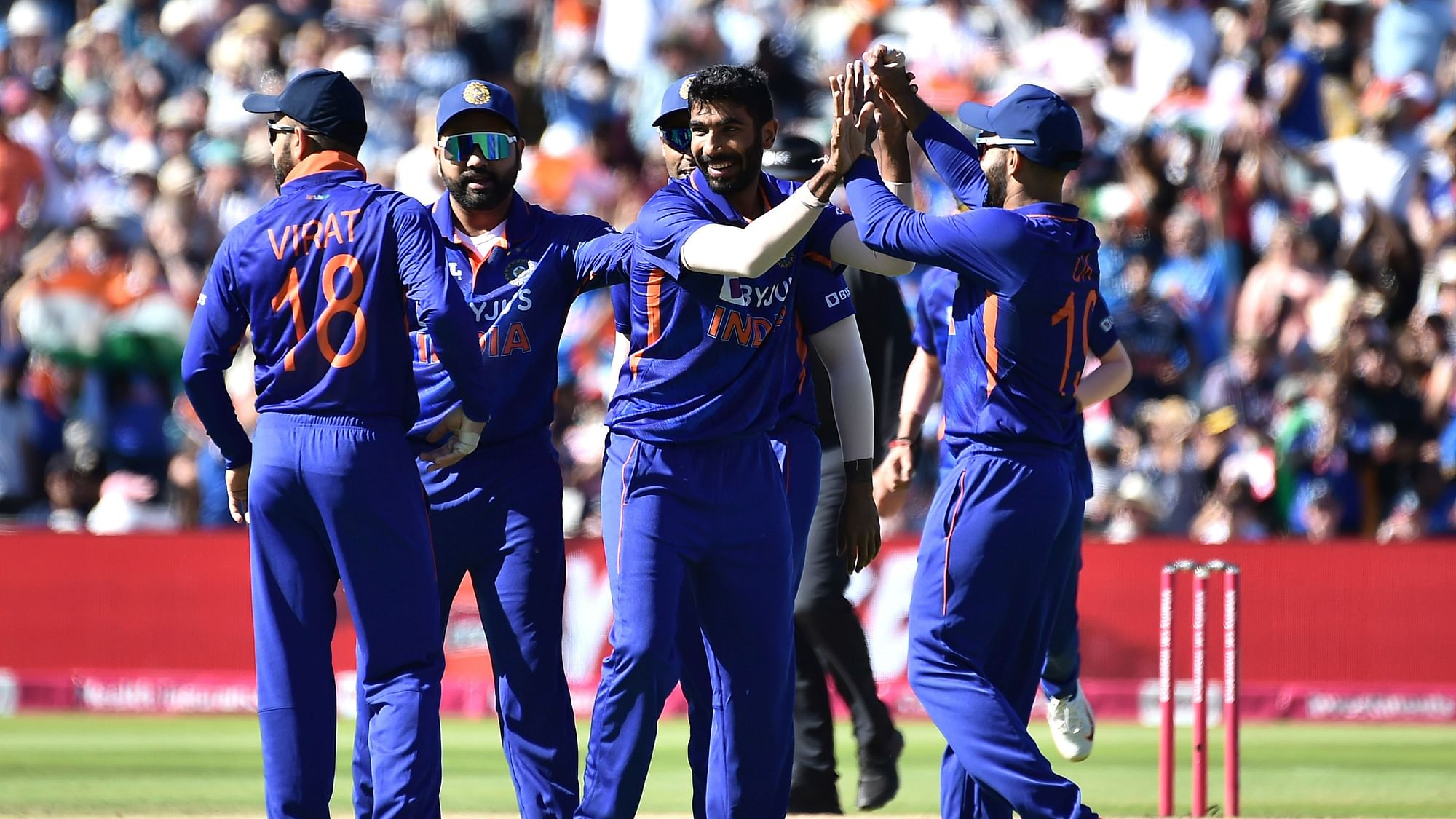 <div class="paragraphs"><p>Indian players celebrate after taking a wicket against England in the second T20I at Edgbaston on Saturday.&nbsp;</p></div>