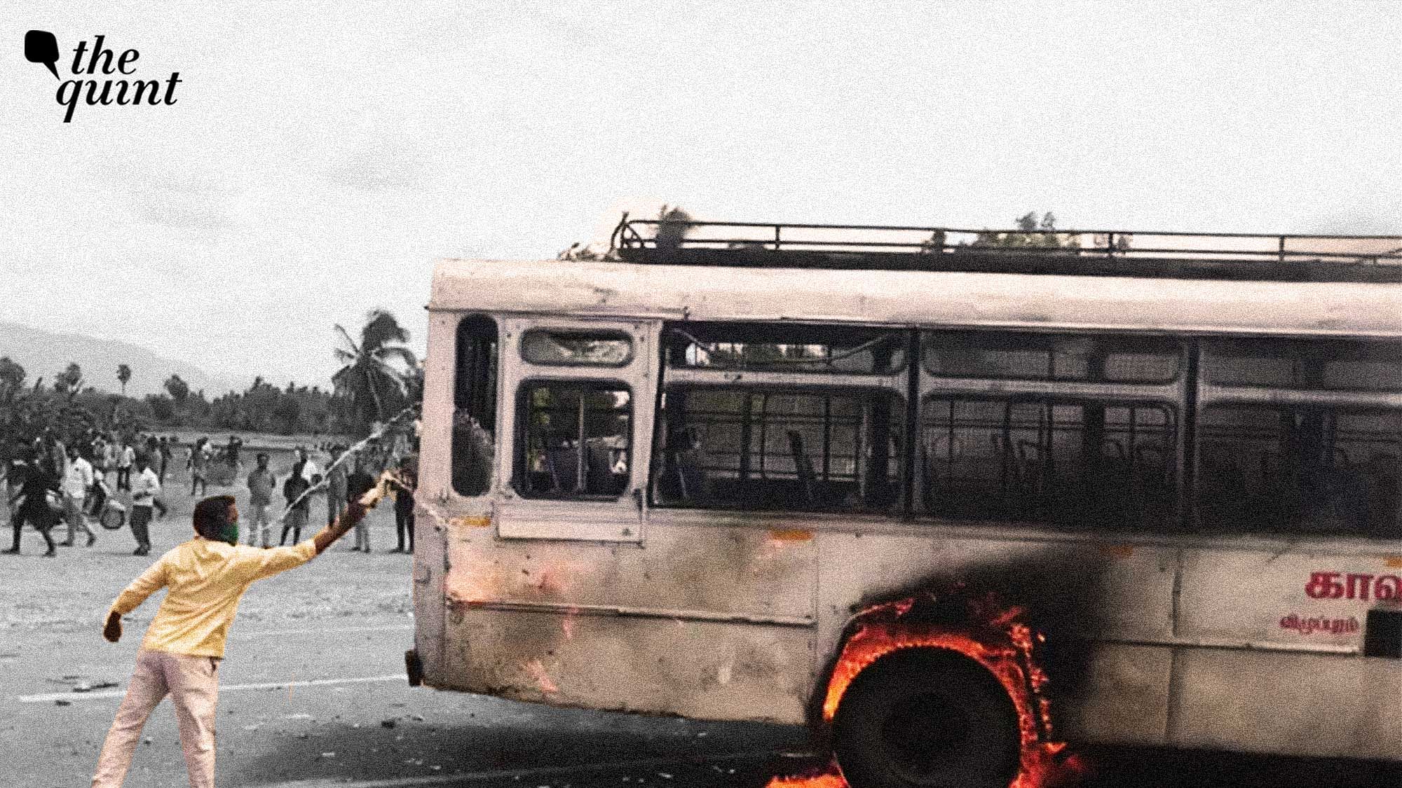 <div class="paragraphs"><p>During the protests over the death of a schoolgirl in Kallakurichi, a person involved in rioting, used a liquid in a bottle and plastic bag to set the police vehicle on fire.  </p></div>