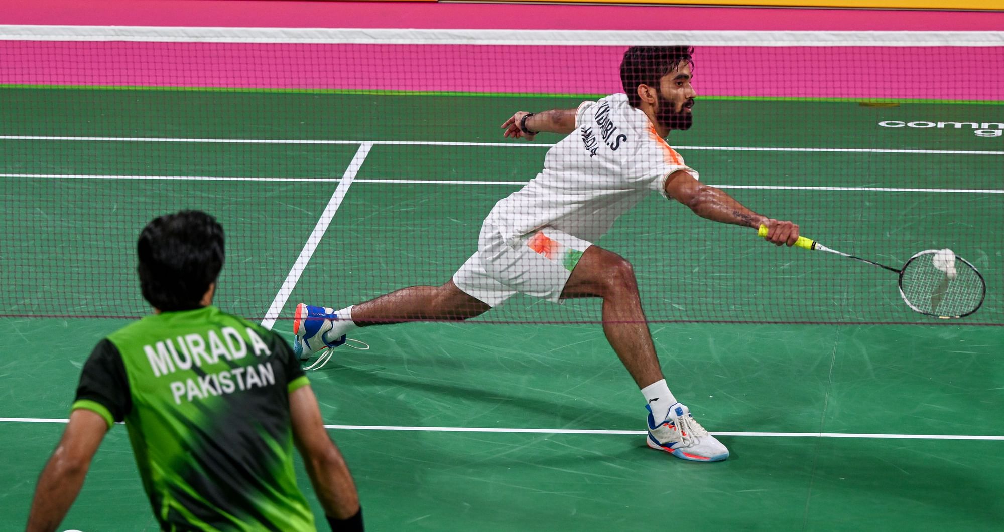 <div class="paragraphs"><p>Indian shuttler Kidambi Srikanth in action against Pakistan's  Ali Murad during the badminton mixed team opener of the 2022 Commonwealth Games in Birmingham on Sunday.</p></div>