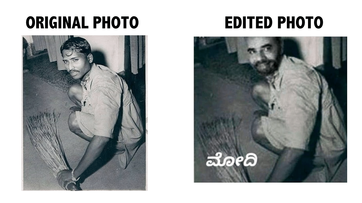 A photo of a man sweeping the floor has been altered, while a daily wager from Odisha has been identified as Murmu.