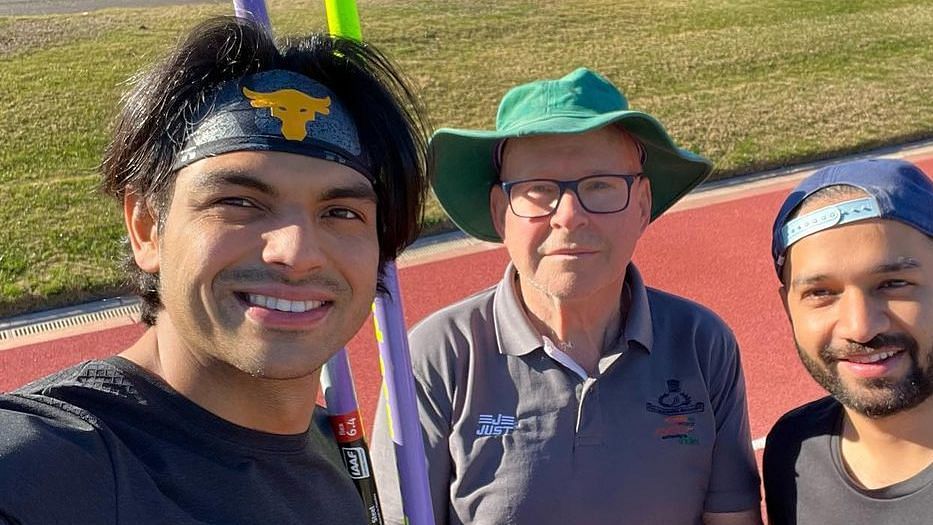 <div class="paragraphs"><p>Neeraj Chopra with his coach and physio after a training session ahead of the World Championships.</p></div>