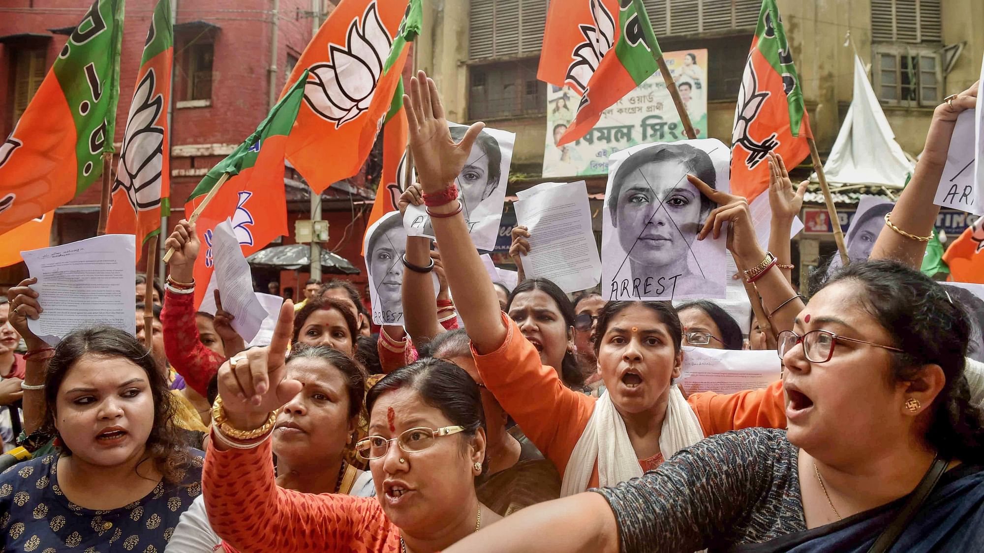 <div class="paragraphs"><p>Members of BJP Mahila Morcha stage a protest demonstration in front of Bowbazar Police Station demanding immediate arrest of TMC MP Mahua Moitra for her remarks on Goddess Kali, in Kolkata.</p></div>