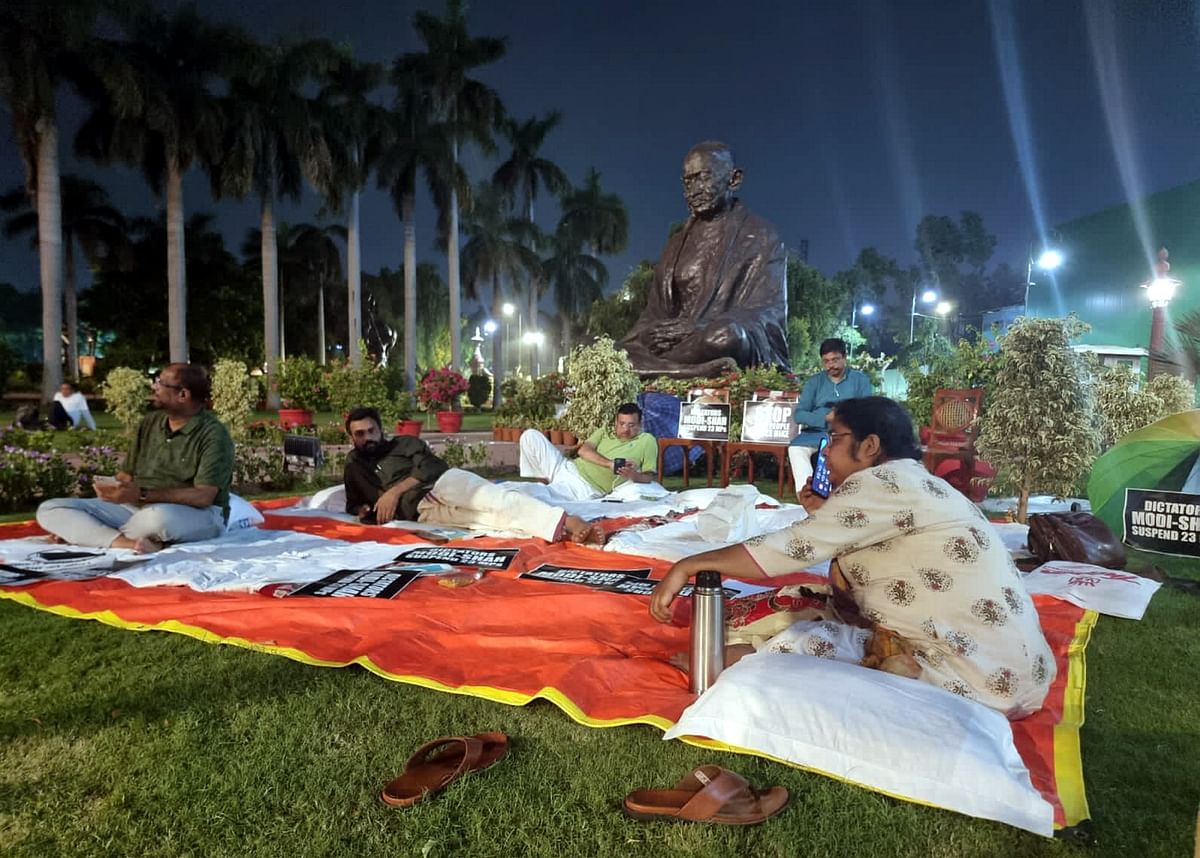 <div class="paragraphs"><p>TMC MPs suspended from the Rajya Sabha, during a sit-in protest at Parliament House complex in New Delhi, Wednesday evening, 27 July. </p></div>