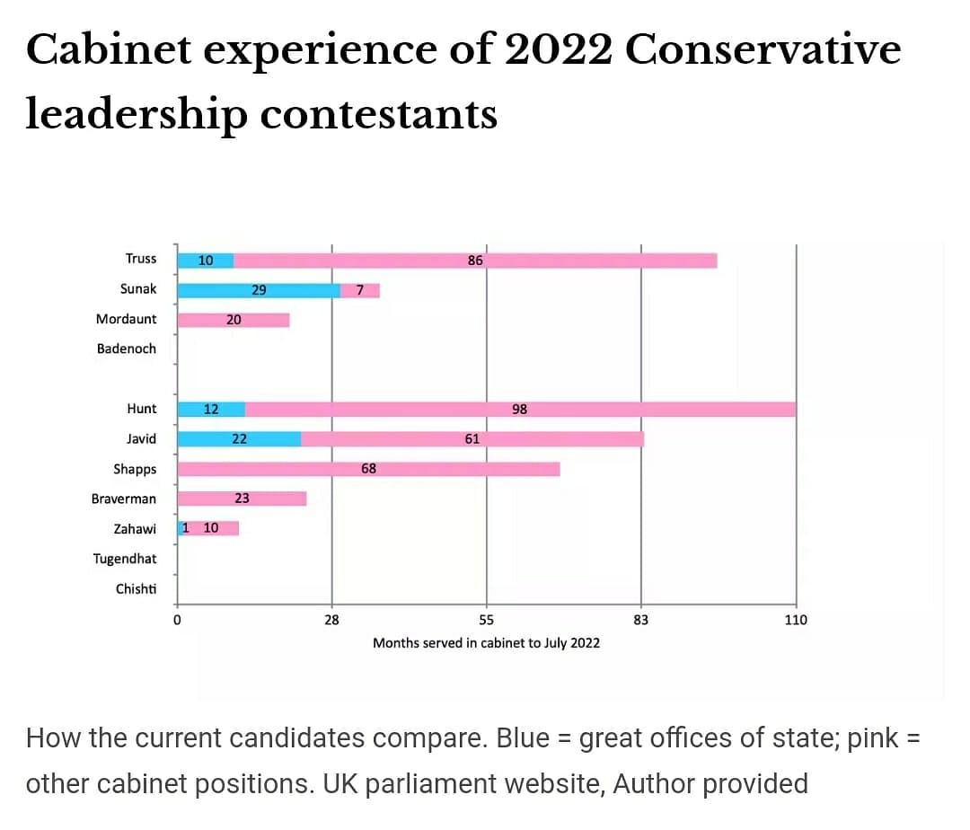 Liz Truss fits the profile of a mid-term prime minister, Rishi Sunak partially and the other candidates not at all.