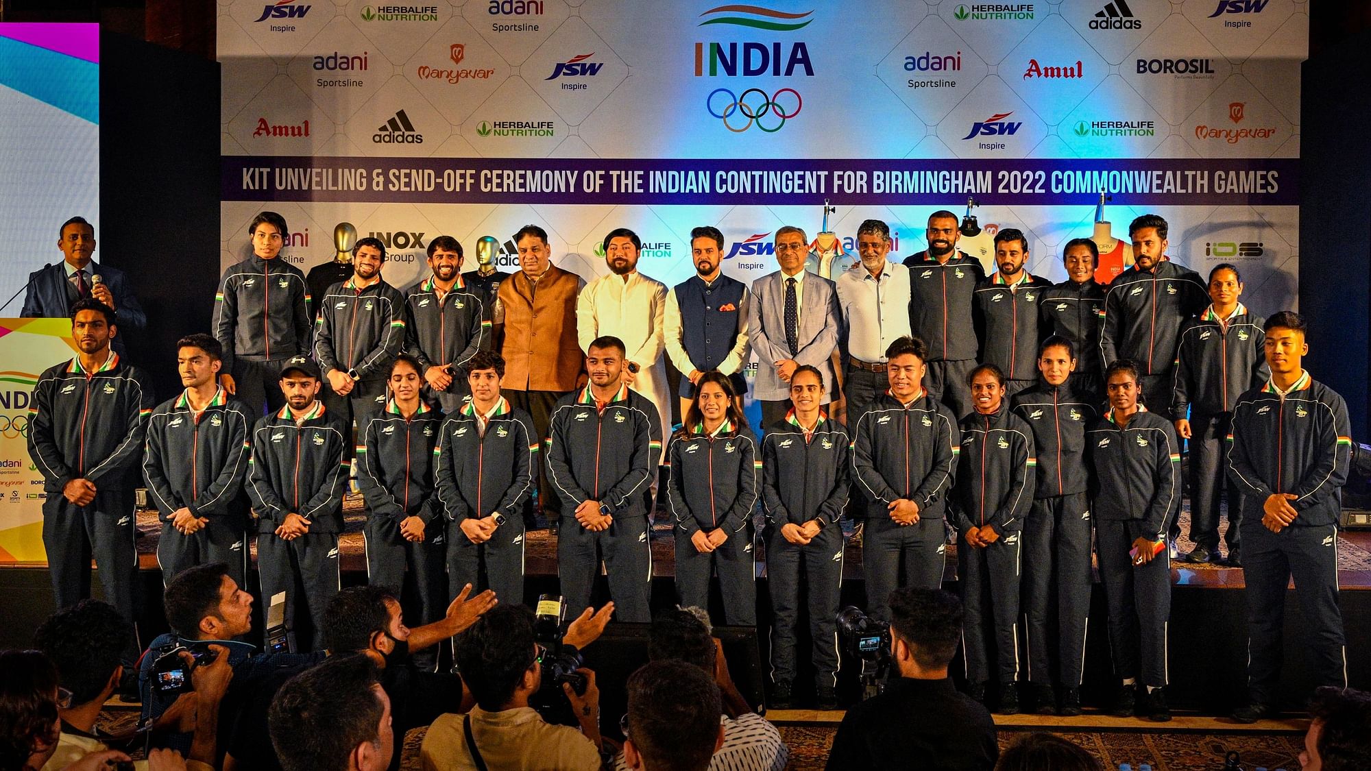 <div class="paragraphs"><p>A file photo of the Indian contingent along with Sports and Youth Affairs Minister Anurag Thakur ahead of their CWG 2022 campaign in Birmingham.&nbsp;</p></div>