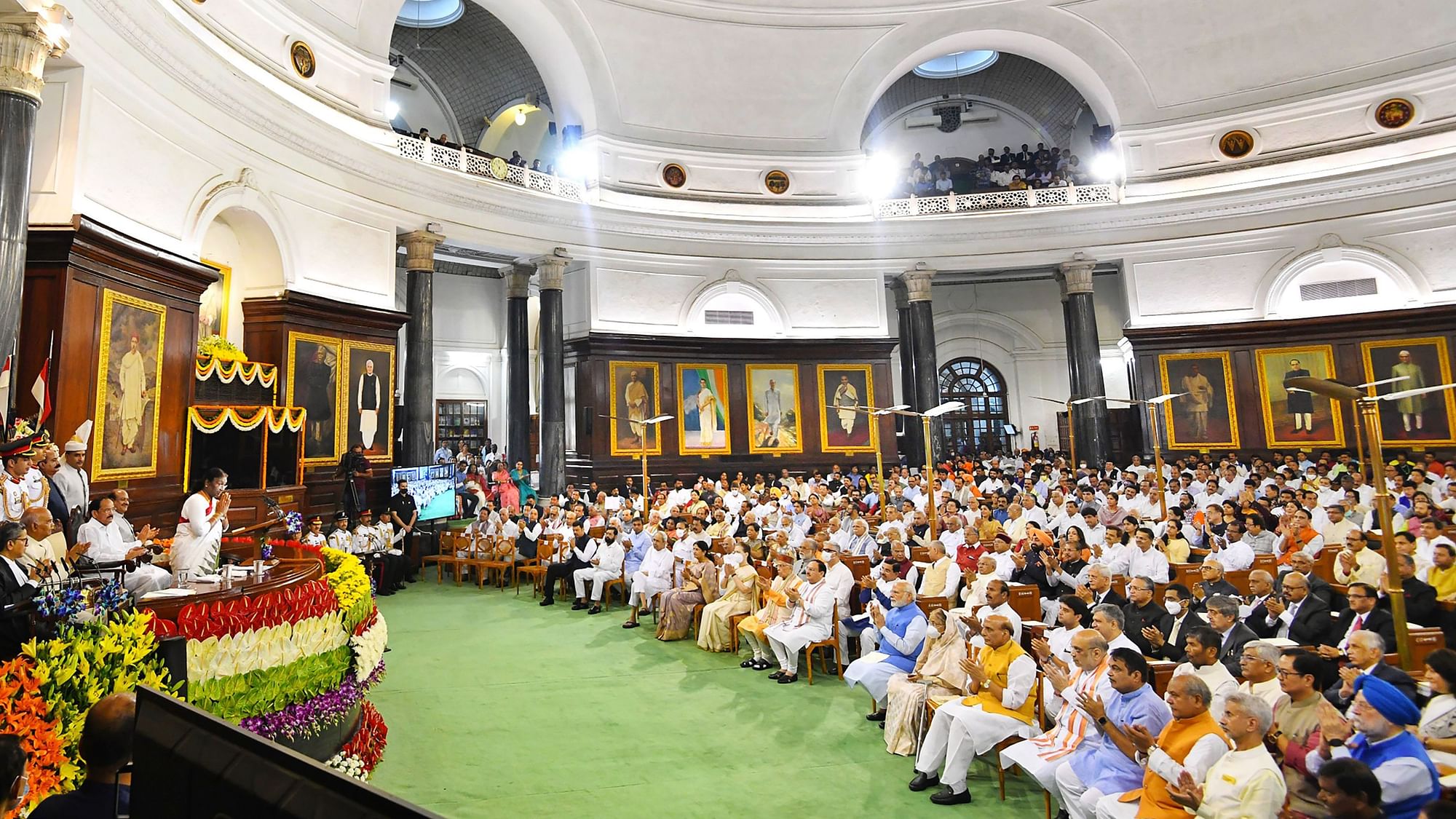 <div class="paragraphs"><p> President Droupadi Murmu after taking oath in the Central Hall of Parliament, in New Delhi, Monday, 25 July.</p></div>