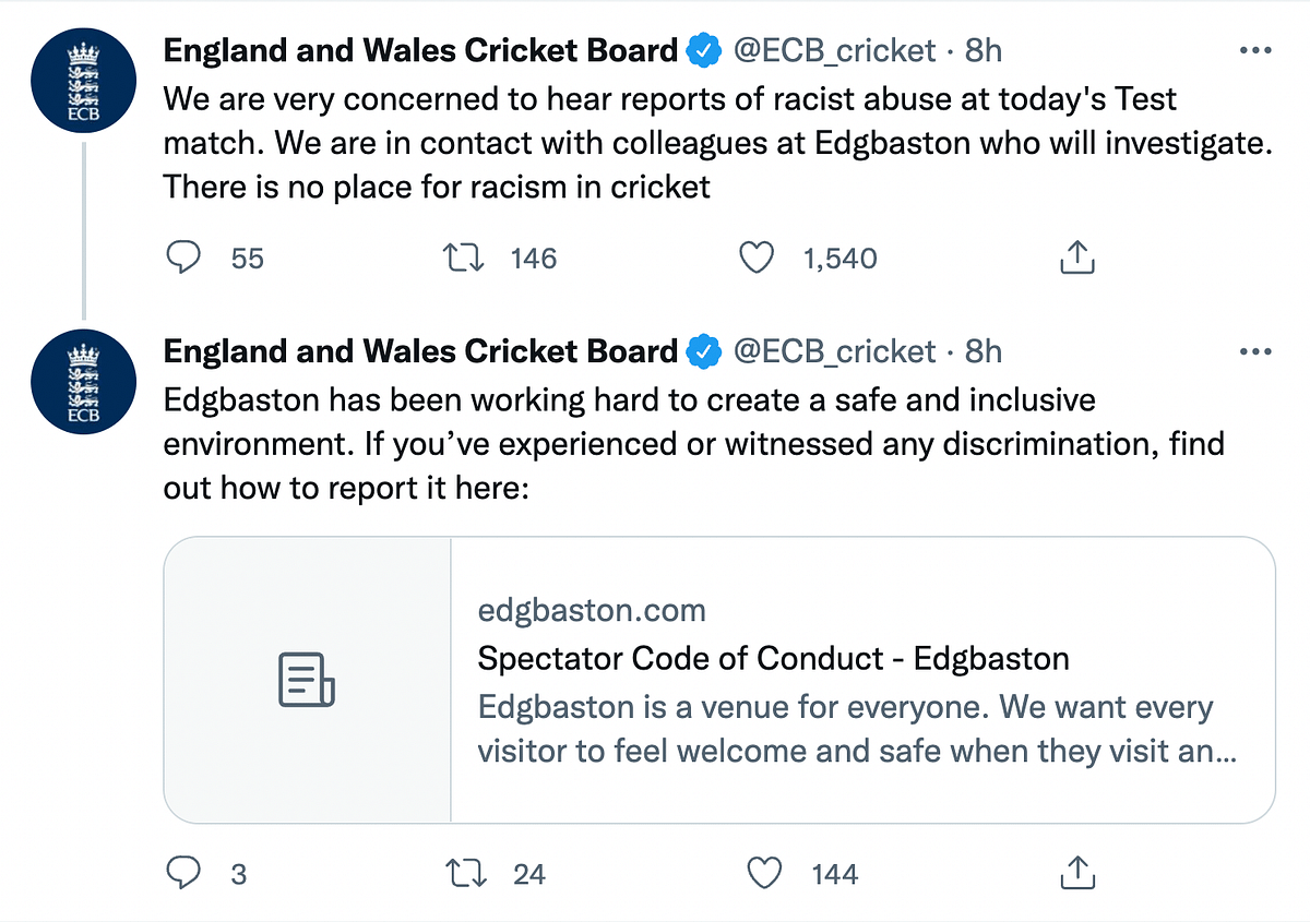 'There is no place for racism in cricket,' said the ECB following the incident.